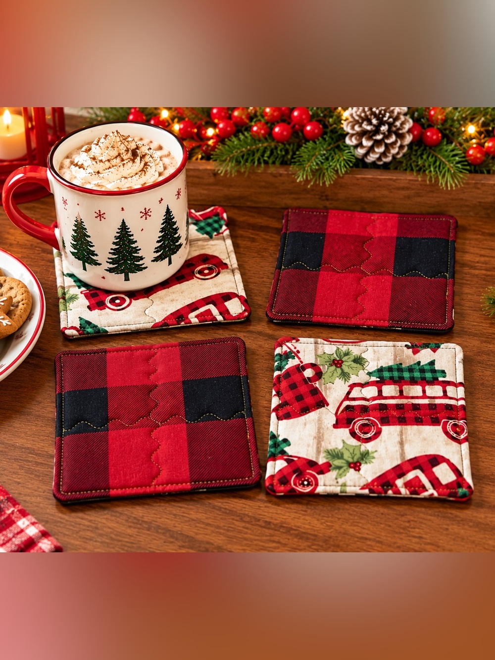 🎄 Handmade Quilted Christmas Coaster Set of 4